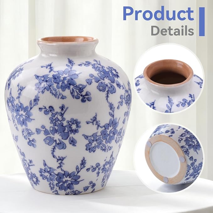 Ceramic Flower Vase Home Decor,8 Inch Blue and White Porcelain Vases,Vintage Table Vase for Farmhouse Rustic Living Room Kitchen Bedroom Shelf Office Desk Coffee Dining Fireplace