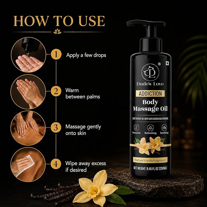 Organic - Vanilla Full Body Massage Oil - No Stain & Non-Sticky | with Fractionated Coconut Oil, Vanilla & Jasmin Oil | for Massage Therapy - 8.45 Fl Oz