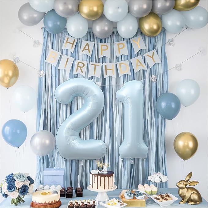 Big Number 21 Balloons, Light Dusty Blue Foil 21 Balloon Numbers 40 Inch, Giant 21st Birthday Party Decor, Pastel Baby Sky Blue Mylar Helium Self Inflating Balloon for Boys Men Anniversary Decorations