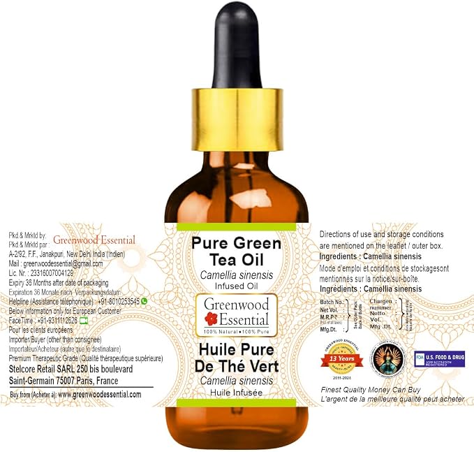 Greenwood Essential Green Tea Oil (Camellia sinensis) with Glass Dropper | Infused | Natural | Undiluted | For Diluting Essential Oils | For Skin & Massage | Men & Women | 30ml (1 oz)