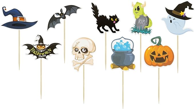 Gyufise 36Pcs Halloween Cupcake Toppers Halloween Pumpkin Cat Bat Ghost Cake Decorations for Theme Babyshower Kids Birthday Party Supplies