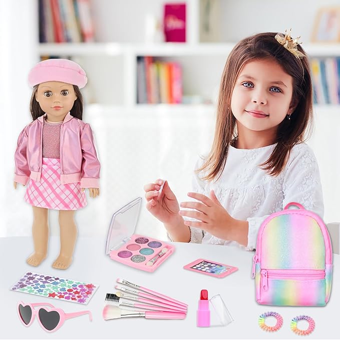 Ecore Fun 17 Pcs American 18 Inch Doll Accessories Cosmetic Set with Backpack & Outfits | Pretend Play Makeup Kit for 18" Dolls | Includes Lipstick, Eyeshadow, Brushes, Accessories & Stylish Clothes