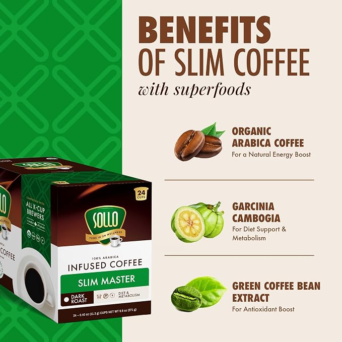 Sollo Slim Organic Coffee Pods, Diet Support, Weight Loss with Garcinia, Green Coffee Bean, Bold Dark Roast, Single Serve Pod, Compatible with Keurig K-Cup Brewers, 24 Ct