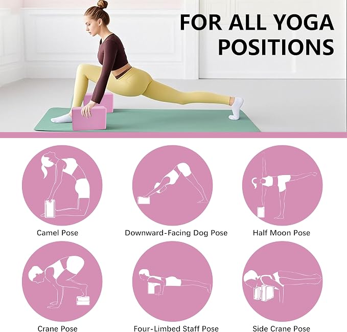 MAOMUN 6 Yoga Blocks 2 Pack with Yoga Strap and Beveled Edges, Anti-Slip Pilates Block Set Yoga Brick, Soft Lightweight Pilates Accessories for Balance Stability Stretching Pilates