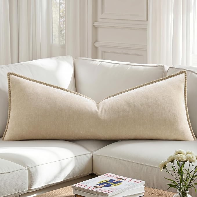 decorUhome Soft Chenille Throw Pillow Covers 14x36 Pack of 1 Beige | Fall Textured Decorative Throw Pillow Cases Stitched Edge Modern Farmhouse Luxury Boho Velvet for Couch Sofa Bed Home Decor