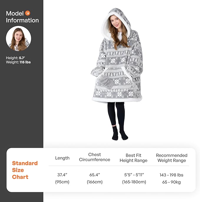Giggling Getup Wearable Blanket Hoodie for Adults Gifts for Teen Girls Sister Women Sherpa Fleece Printed Hooded Blanket Sweatshirt Warm Cozy with Pocket & Sleeves Grey Snowflake