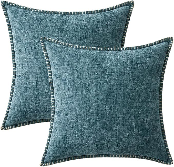 MIULEE Decorative Couch Throw Pillow Covers 18x18 Inch Smoke Blue 2 Pack | Farmhouse Pillow Covers with Stitched Edge, Soft Chenille Cushion Cases, for Sofa Bed Living Room Home Decor