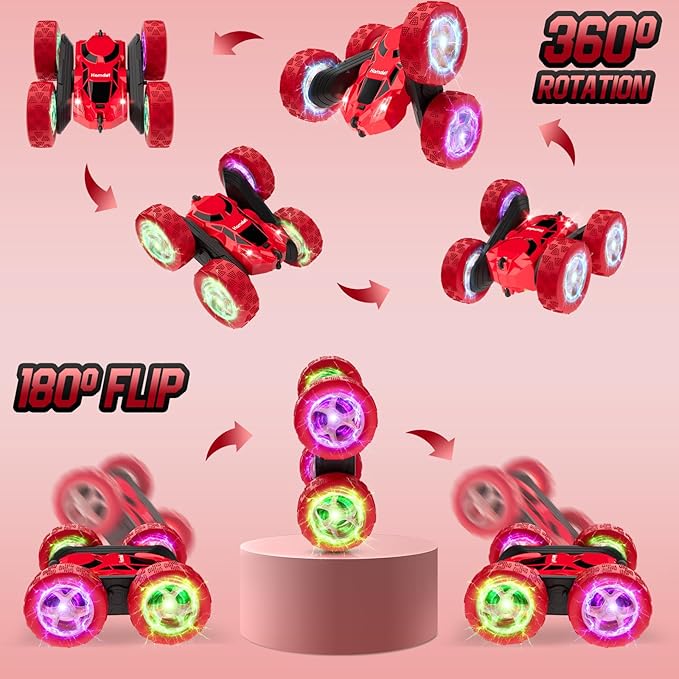 Remote Control Car Double Sided 360°Rotating 4WD RC Cars with Headlights 2.4GHz Electric Race Stunt Toy Car Rechargeable Toy Cars for 6-12 Year Old Boys Girls BirthdayGift (Red)