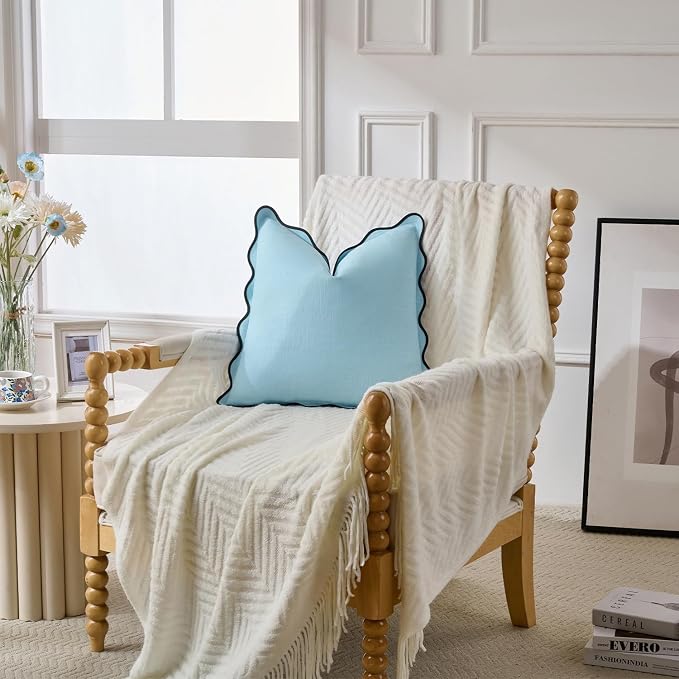 Scalloped Throw Pillow Covers Set of 2 for Living Room, Boho Sytle Decorative Home (Blue & Teal, 18x18 Inch)