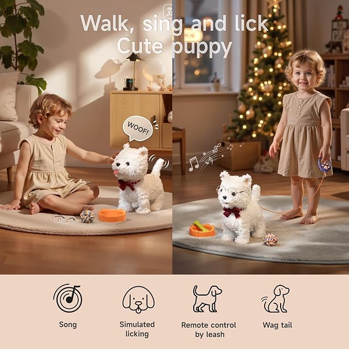 Electronic Dog Toy Pet with Leash, Remote Control Interactive Robot Dog, Dress Up Plush Puppy with Walking, Barking, Tongue Licking, Tail Wagging, Walking Puppy Toys for Age 3+ Kids