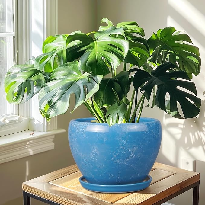 Ceramicfor 10 Inch Planter Pot - Ceramic Pots for Plants with Drainage Hole and Saucer, Round Large Flower Pot for Indoor Plants, Blue