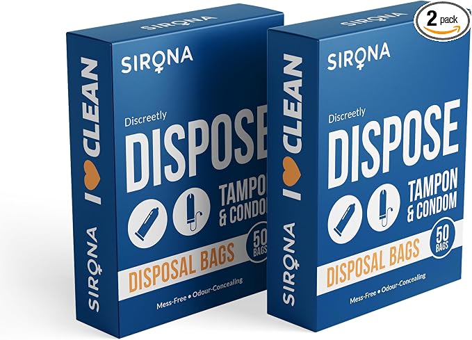 Sirona Condom and Tampon Disposal Bags - 50 Bags | for Discreet Disposal of Tampons and Condoms | Bathroom Trash Bag (Pack of 2))