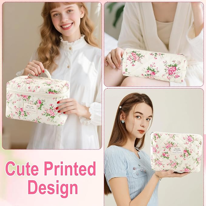 URSKYTOUS 3Pcs Cotton Quilted Makeup Bag for Women Girls Large Small Travel Pink Floral Cosmetic Bags Set Cute Coquette Makeup Pouch for Purse Aesthetic Cloth Flower Storage Toiletry Bag Organizer