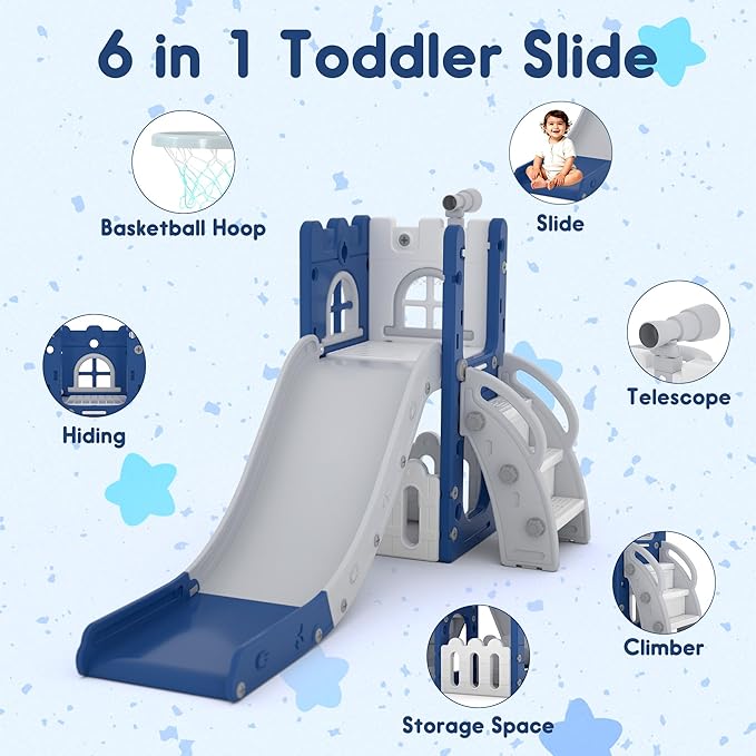 6 in 1 Toddler Slide Playset, Kids Indoor Outdoor Playground with Basketball Hoop,Storage and Telescope,Toddler Climber Slide Activity Center