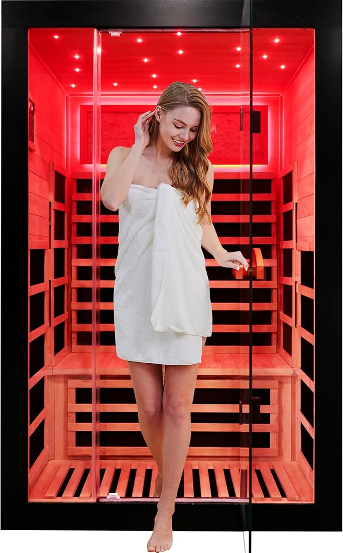 2 Person Far Infrared Home Sauna Low EMF 2000W 110V Wooden Indoor Dry Sauna with Red Light Bluetooth Speakers 47.24"x41.34"x74.8"