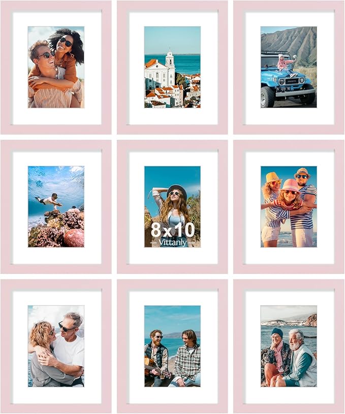 Vittanly 8x10 Picture Frames Set of 9 for Wall or Tabletop Display, Pink | Display Pictures 5x7 with Mat or 8x10 without Mat, Small Photo Frames, Engineered Wood with Shatter Resistant Plexiglass