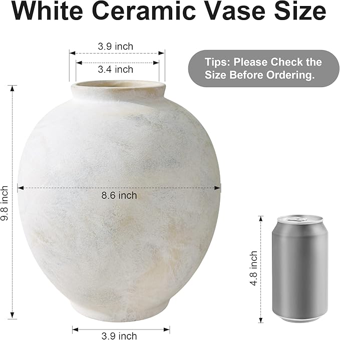 Starttag Large Ceramic Vase, 9.8 inch Rustic Farmhouse Flowers Vase for Home Decor, Sandstone Texture Round Pottery Tall Vase Indoor for Table Living Room Decor, Wabi Sabi