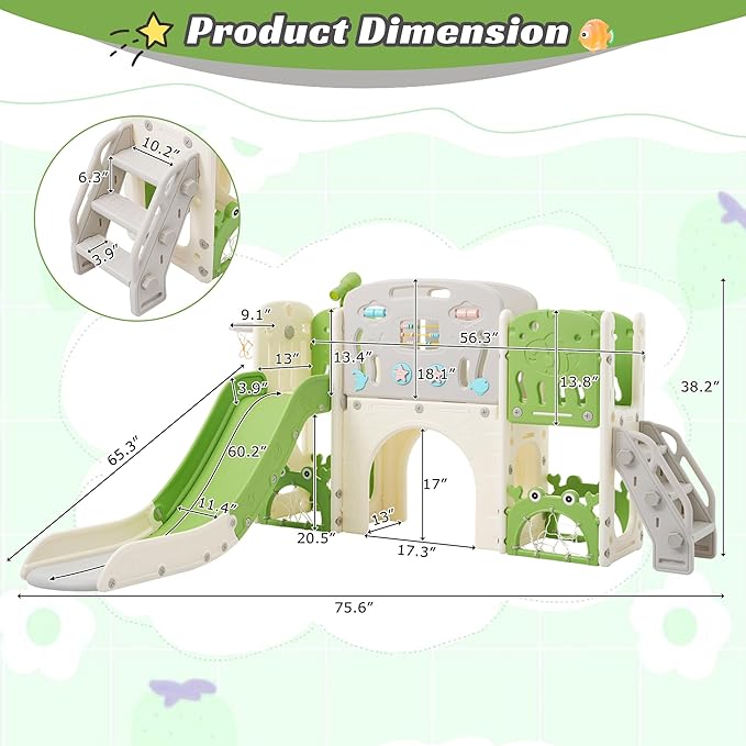 11in 1 Toddler Slide, Kid Slide for Toddlers Age 1-3 with Telescope, Basketball Hoop, and Telescope, Indoor Outdoor Playset Playground Green Grey