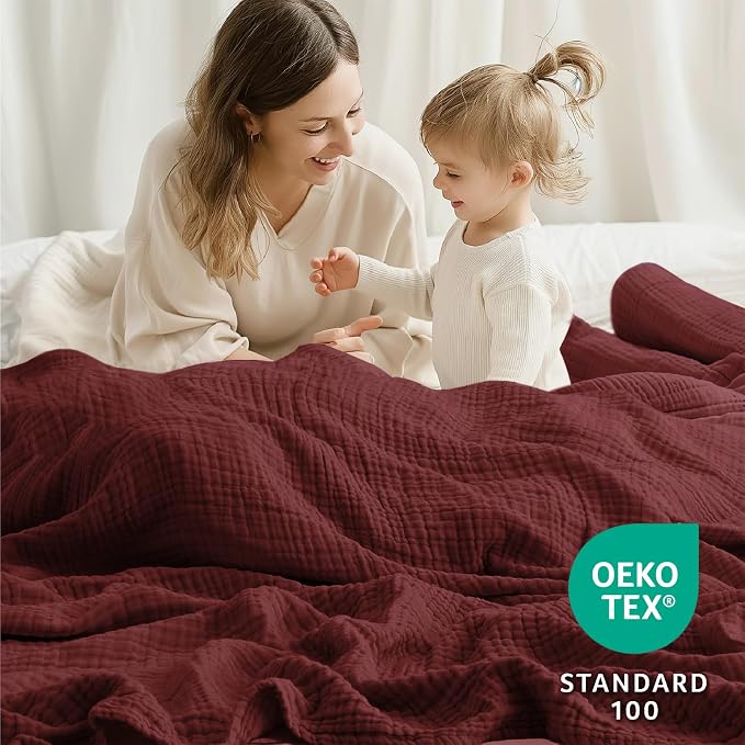 100% Cotton Muslin Blanket Queen 90" x 90", 6 Layers Breathable and Lightweight Cotton Throw Blankets for Bed, Soft Cooling Summer Gauze Blanket for Adults All Season, Burgundy