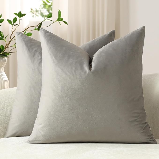 Throw Pillow Covers 20x20 Light-Grey: Pack of 2 Cozy Soft Velvet Square Modern Luxury Decorative Throw Pillow Cases for Sofa Couch Living Room Bed Home Decor