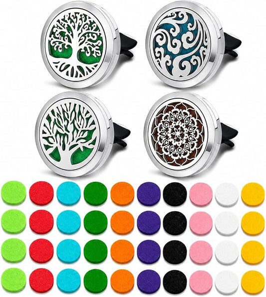 4 Pack Car Vent Essential Oil Diffuser Clips, Silver Tree of Life Air Freshener Vent Clips with 40 Colorful Felt Pads, Reusable Metal Car Aroma Diffuser for Essential Oils, Perfume