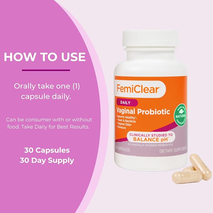 FemiClear Vaginal Probiotics, Delayed-Release Supplement, 30-Day Supply | Daily Women's Probiotic Supplements, Supports Vaginal pH Balance, Healthy Yeast & Moisture, Natural & Organic Ingredients