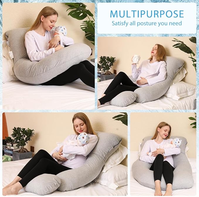 Chilling Home Pregnancy Pillow, Full Body Maternity Pillow for Pregnant Women, 63 inch Comfort U Shaped Pillow with Removable Washable Cover Cooling Jersey - Grey
