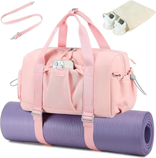 LEDAOU Small Gym Bag for Women, Mini Duffle Bag with Yoga Mat Holder Lightweight Carry On Sports Bag with Separate Shoe Pocket and Wet Pocket Duffel Bags Dance Yoga Workout Bag (Pink)