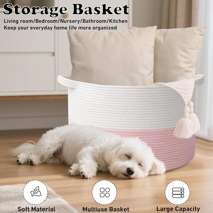 90L Extra Large Pink Woven Cotton Rope Basket with Handles | Kids Nursery Laundry Basket Hamper for Toys, Blankets, Pillows & Comforters, Cute Storage Bin for Bedroom & Playroom