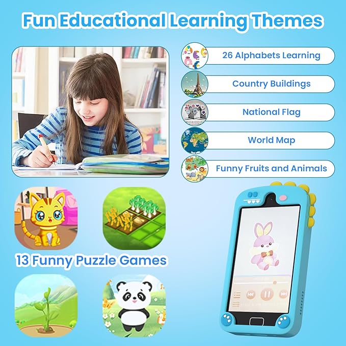 Kids Smart Phone for Boys, 4.0" Touchscreen Dual Camera Cell Phone,Toddler Preschool Learning Educational Toys Dinosaur Birthday Gifts for Age 3 4 5 6 Year Old, Music Player, Puzzle Games, 32GB(Blue)