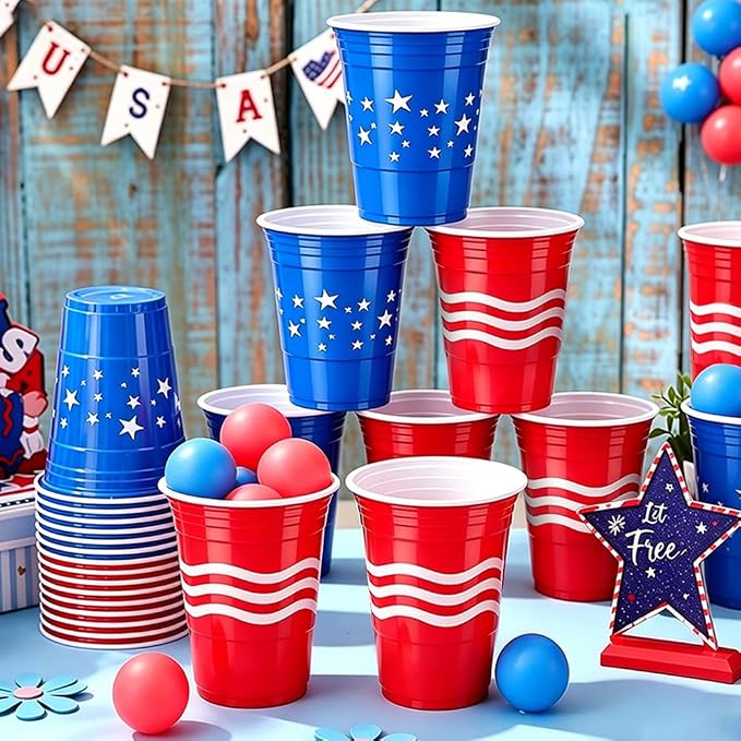 60 Pieces 4th of July Cup Pong Game Set 16 oz Red & Blue Patriotic Plastic Cups with 10 Red & Blue Balls for Independence Day Party Games, Backyard BBQ, Patriotic Decorations & Supplies