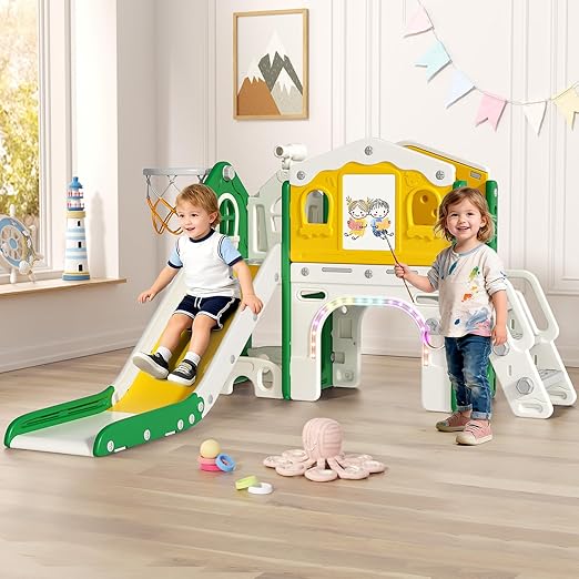 BIERUM 9 in 1 Toddler Slide Set - Baby Slide for Toddlers 1-3 with Colorful Lights, Drawing Board and Building Blocks Board, Indoor Outdoor Toddler Playset Playground, Green Yellow