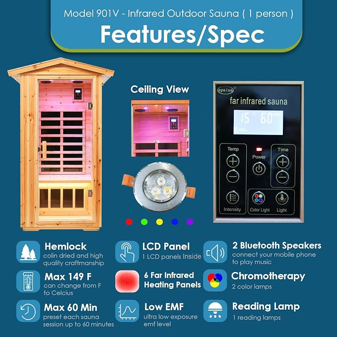 Saunas 901V Far Infrared Sauna, Outdoor Wooden Dry Sauna Low EMF (Hemlock Wood, 1-Person Size)