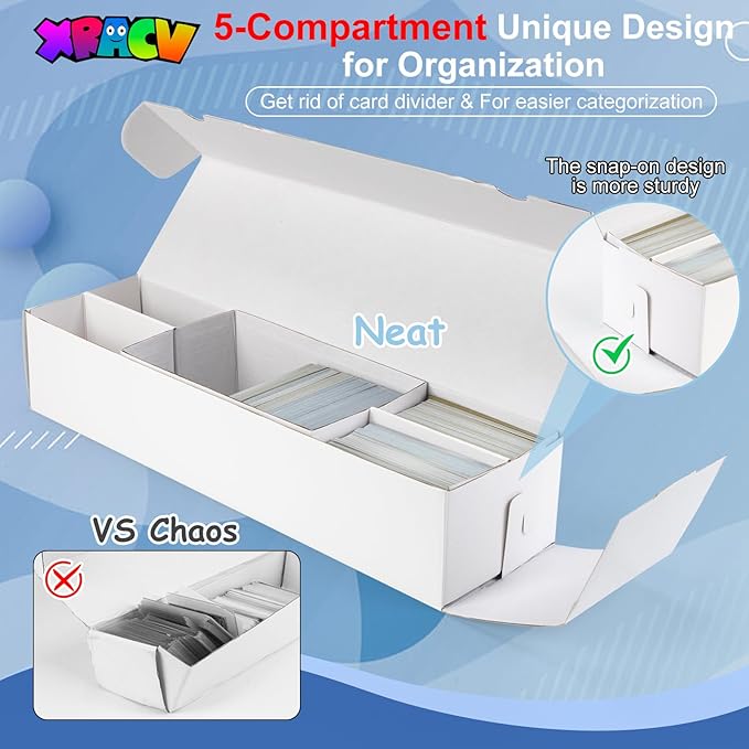 Laminated Trading Card Storage Box, Mtg Storage Card Box with 5-Compartment, Ultra-thin White Cardboard Collector Box for TCG, Sports Cards Storage, 2 Count