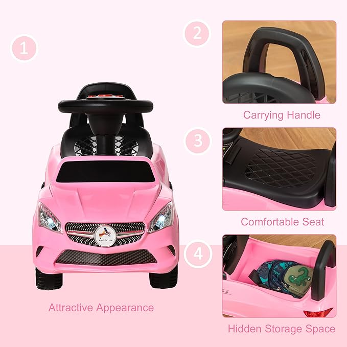 Aosom Kids Ride On Push Car, Foot-to-Floor Walking Sliding Toy Car for Toddler with Working Horn, Music, Headlights and Storage, Pink