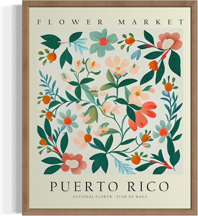 Puerto Rico Flower Market Art Print Poster, Wall Art Floral Painting Botanical Decor for Bedroom, Kitchen, Bathroom Livingroom Decoration 82B (Puerto Rico, 10"L x 8"W, Wood Frame)