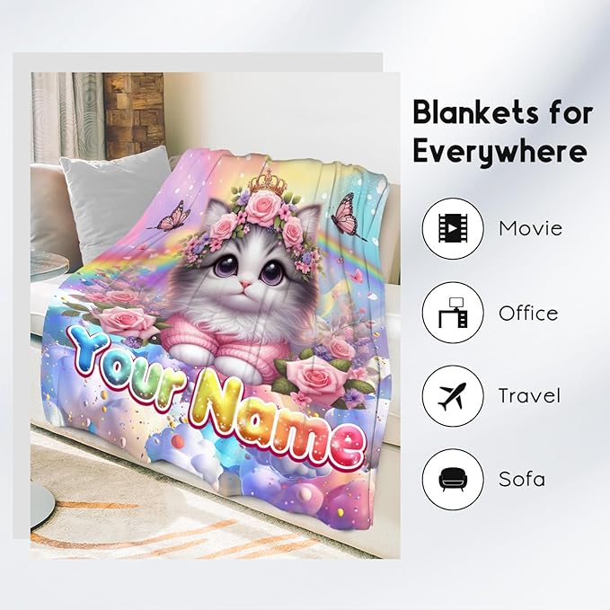 Kids Blankets - Personalized Blanket with Cat - 4 Sizes Cozy Soft Flannel Throw Gifts for Couch, Bedroom