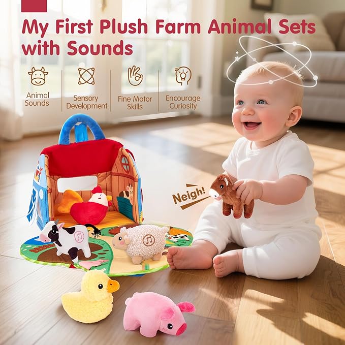 hahaland Baby Toys 6-12 Months - Surprise Barn with Stuffed Farm Animals with Real Sounds, Mirror- Montessori Toys for 6 Month Old Baby 1 Year Old Boy Girl Gifts Toddlers Sensory Toy