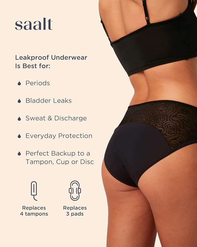 saalt Lace Hipster Period Underwear | Mid-Rise Leak Proof Underwear for Women, Soft-Stretch European Lace