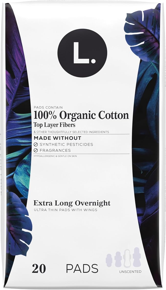 Ultra Thin Pads for Women, Organic Cotton Top Layer, Extra Long Overnight Absorbency, Menstrual Pads with Wings, Made Without Synthetic Pesticides and Fragrances, 20 Count