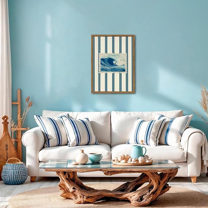 Vintage Surf Stripe Wall Art Trendy Coastal Wall Decor Painting Blue and White Beach Surf Poster Canvas Print for Bedroom Living Room Bathroom 16x24 inch Wood Framed