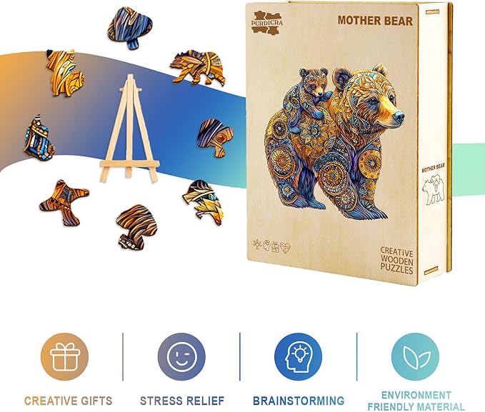 Wooden Puzzles for Adults - Mother Bear Wooden Jigsaw Puzzle, Unique Animal Shaped Wood Puzzles Adult, Christmas Birthday Gifts for Friends/Family, Home Decor 11.4 * 11.2in 200pcs