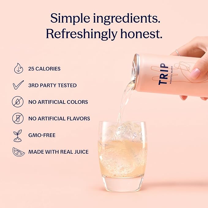 TRIP Lightly Sparkling Adaptogen Drink, Non Alcoholic Drink with Magnesium, Ashwagandha, Lions Mane & L Theanine, No Added Sugar Mocktail, Vegan, Peach Ginger, 12 Oz, 12Pk