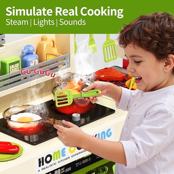 Kids Kitchen Playset, Play Kitchen with Electric Stove, Grill, Sink, Play Food, ToyKitchen Accessories, Kitchen Interactive Play with Lights Sound Steam, Cooking Toys for Toddler Kid Gifts