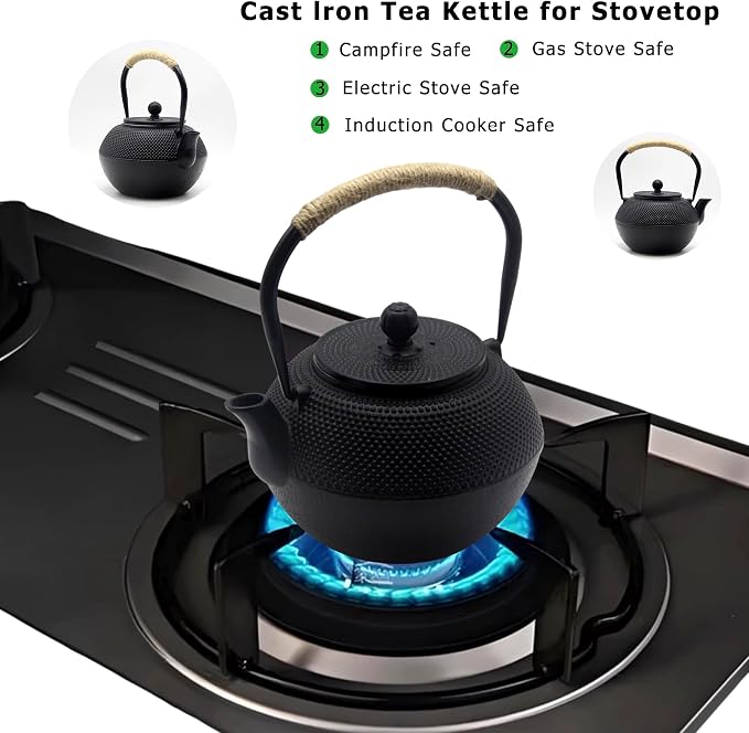 YJX 40.6 fl oz Cast Iron Teapot Set, Japanese Tetsubin Tea Set with Cast Iron Teacups, Small Tea Kettle Set with Strainer for Loose Tea, Enameled Interior (1200ml Tea Set with Cups and Saucers)