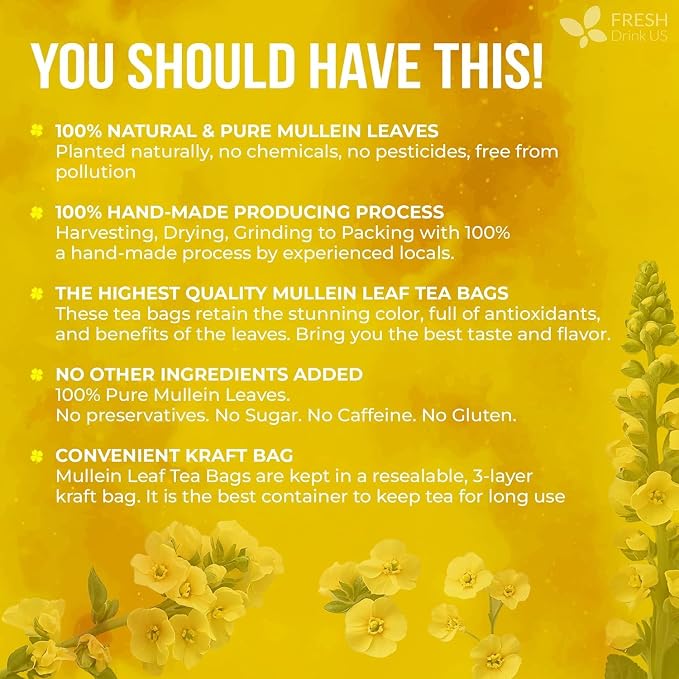FreshDrinkUS, Premium 120 Mullein Leaf Tea Bags For Lung, 100% Natural & Pure from Mullein Leaves. Loose Leaf Mullein Herbal Tea. Made with Natural Material Tea Bags. No Sugar, No Caffeine, No Gluten, Vegan.