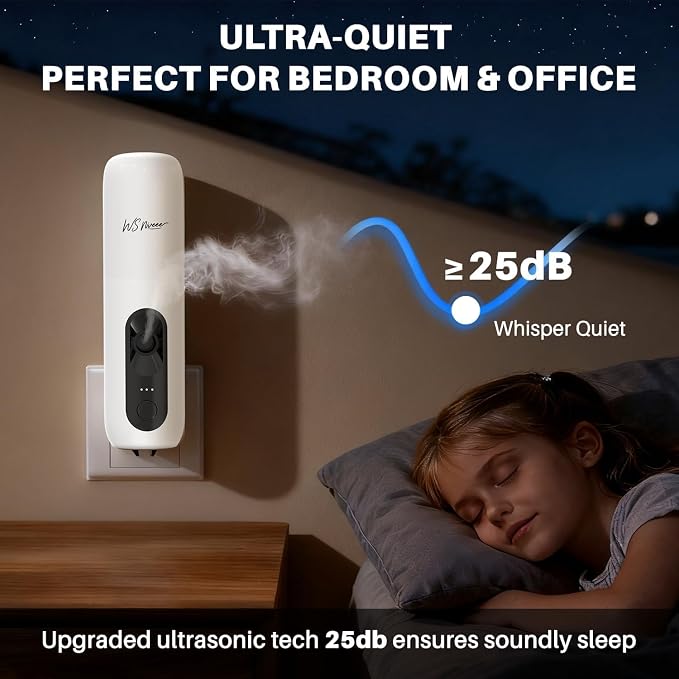 Waterless Essential Oil Diffuser, Plug-in Wall Aroma Machine with Simple Button Control for Bedroom, Bathroom & Kitchen, 25dB Ultra-Quiet, Works with Pure Aroma Oils