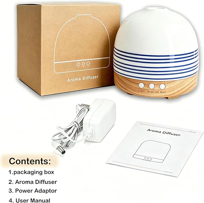 300ML Essential Oil Diffuser, Handcrafted Ceramic Aromatherapy Diffusers for Large Home with Cool Mist Humidifier & Night Light for Bedroom, Office, Yoga, Spa Women Gifts,Blue Stripe