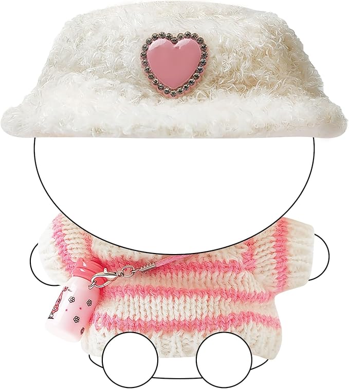 Clothes for LBB – Cozy Leisure Sweater Outfit for 17cm Doll: Off-White Oversized Hat with Pink Heart, Pink-Striped Sweater, and Cute Bottle (Doll Not Included)