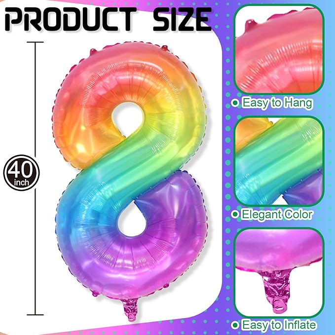Foil 8 Balloon, Pastel Rainbow Number 8 Balloons for Boys Birthday Party Decor, 40'' Mylar Helium Self Inflating Colorful Multicolor Number 8 Balloon for Kids 8th Birthday Party Anniversary Decoration